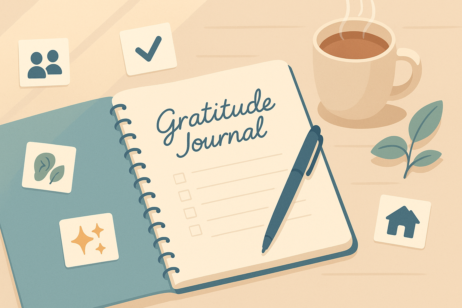 Overhead of an open gratitude journal with pen, coffee and calming icons—visual guide to gratitude journal prompts and daily practice.