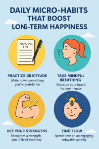 Infographic illustrating daily micro-habits that boost long-term happiness including gratitude, mindfulness, and flow